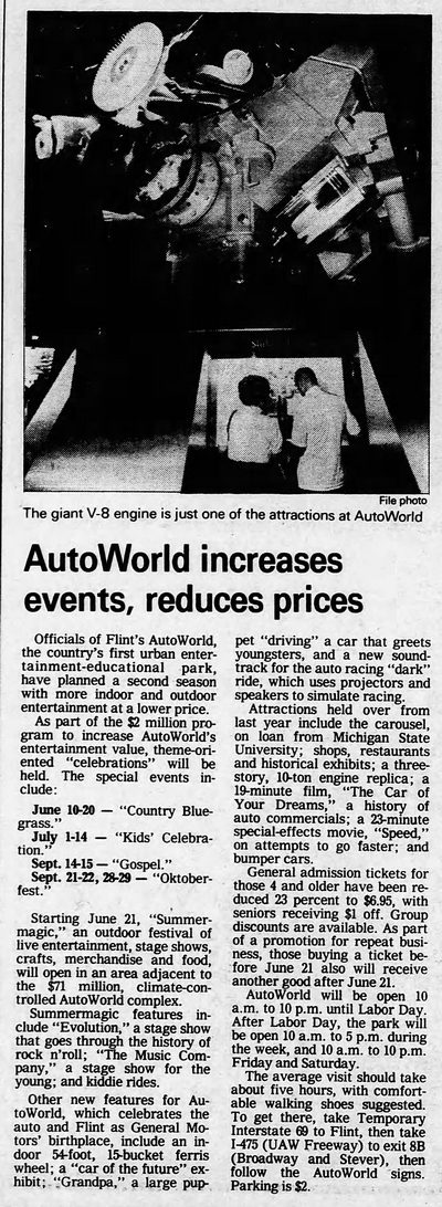 AutoWorld (Six Flags AutoWorld) - 1985 Article On Price Drop And New Attractions (newer photo)